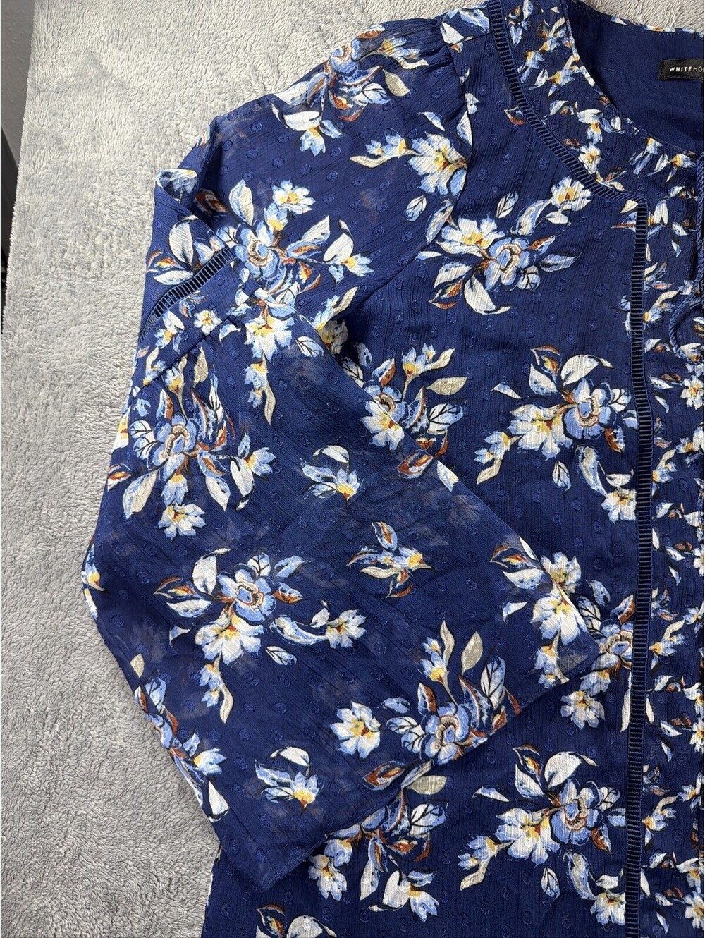 White House Black Market Dress L Blue Floral Boho Tassel Tie Bell Sleeve - Picture 3 of 12